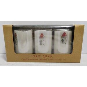 RAE DUNN 3 PC FLAMELESS LED WAX VOTIVE CHRISTMAS HOLIDAY CANDLE SET NEW OPEN BOX